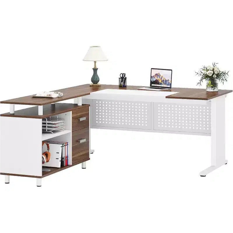 Bureau de direction en forme de L de 160 cm avec classeur et rangement — Noir/Marron, Gris/Noir, Blanc/Marron — 1 à 2 personnes
