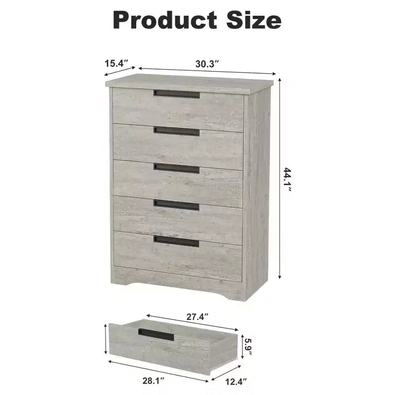 Commode à 5 tiroirs en bois naturel avec poignées intégrées