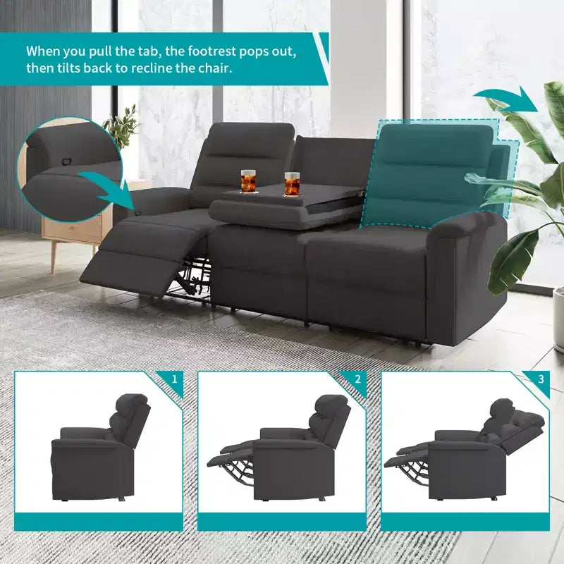 Canapé inclinable 3 places, beige/gris, dossier réglable, 3 personnes