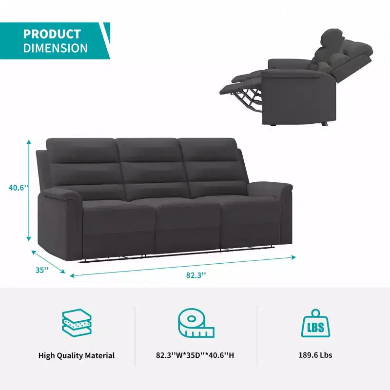 Canapé inclinable 3 places, beige/gris, dossier réglable, 3 personnes