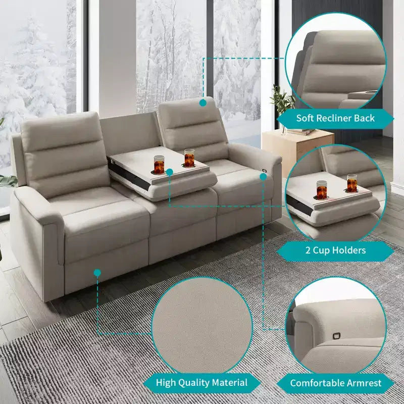 Canapé inclinable 3 places, beige/gris, dossier réglable, 3 personnes