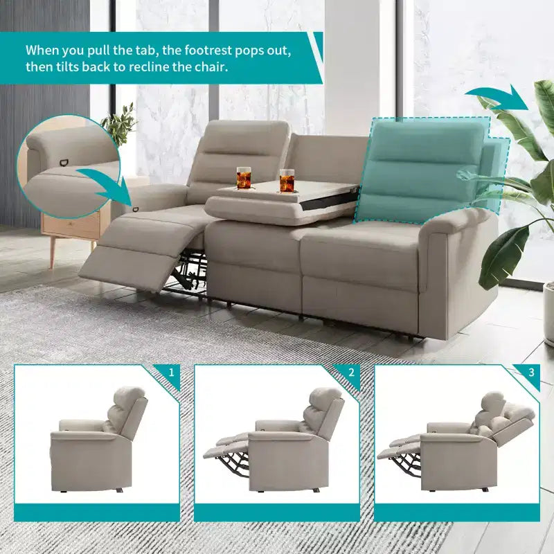 Canapé inclinable 3 places, beige/gris, dossier réglable, 3 personnes