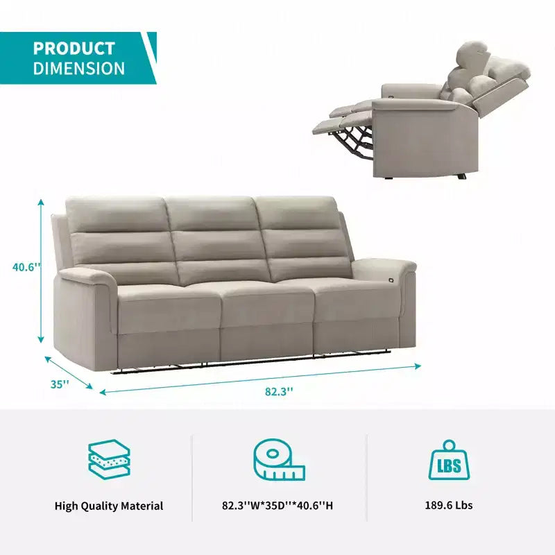 Canapé inclinable 3 places, beige/gris, dossier réglable, 3 personnes