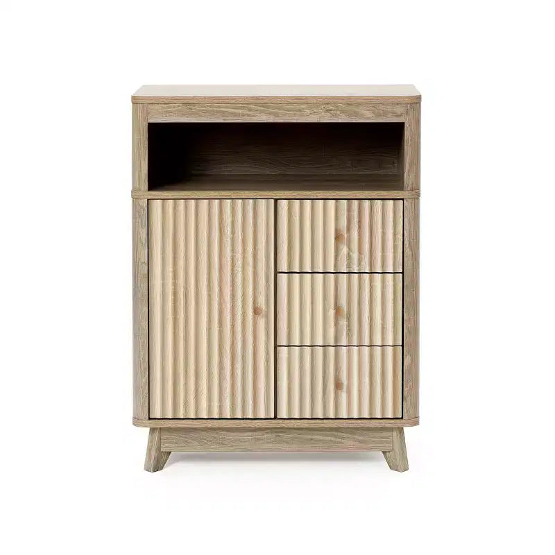 Luxenhome Bathroom Storage Cabinet, 31'' Mid Century Modern Natural Finish Fluted Wave-Patterned Wood Accent Cabinet with 3-Drawer 1-Door Brown