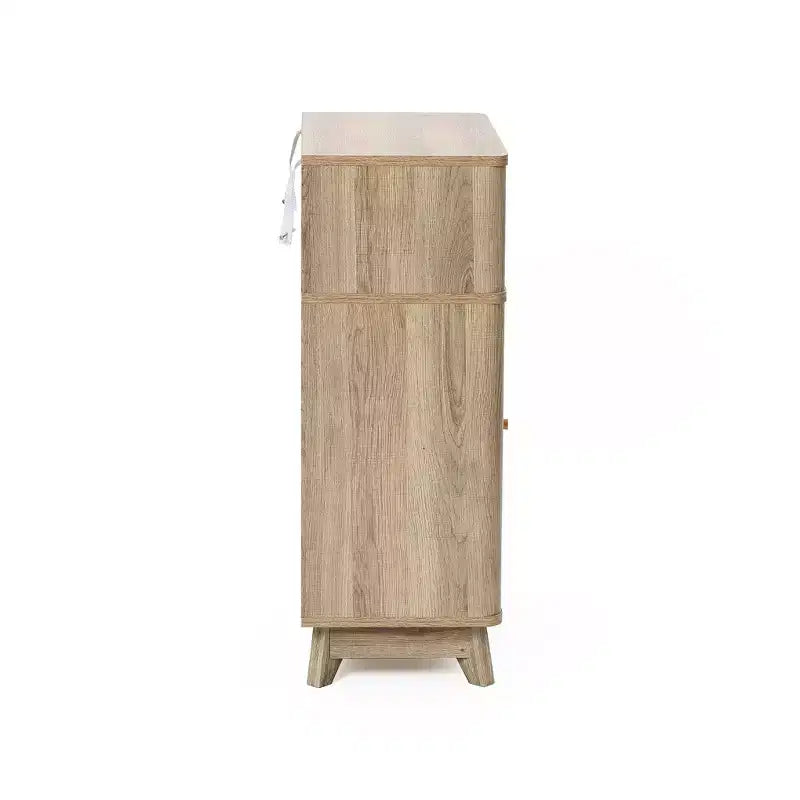 Luxenhome Meuble de rangement de salle de bain, Armoire d'appoint en bois avec finition naturelle moderne du milieu du siècle à motif ondulé cannelé, 3 tiroirs, 1 porte, marron, 31 po