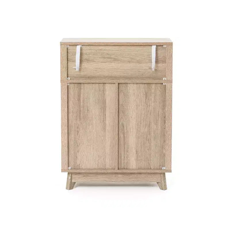 Luxenhome Meuble de rangement de salle de bain, Armoire d'appoint en bois avec finition naturelle moderne du milieu du siècle à motif ondulé cannelé, 3 tiroirs, 1 porte, marron, 31 po