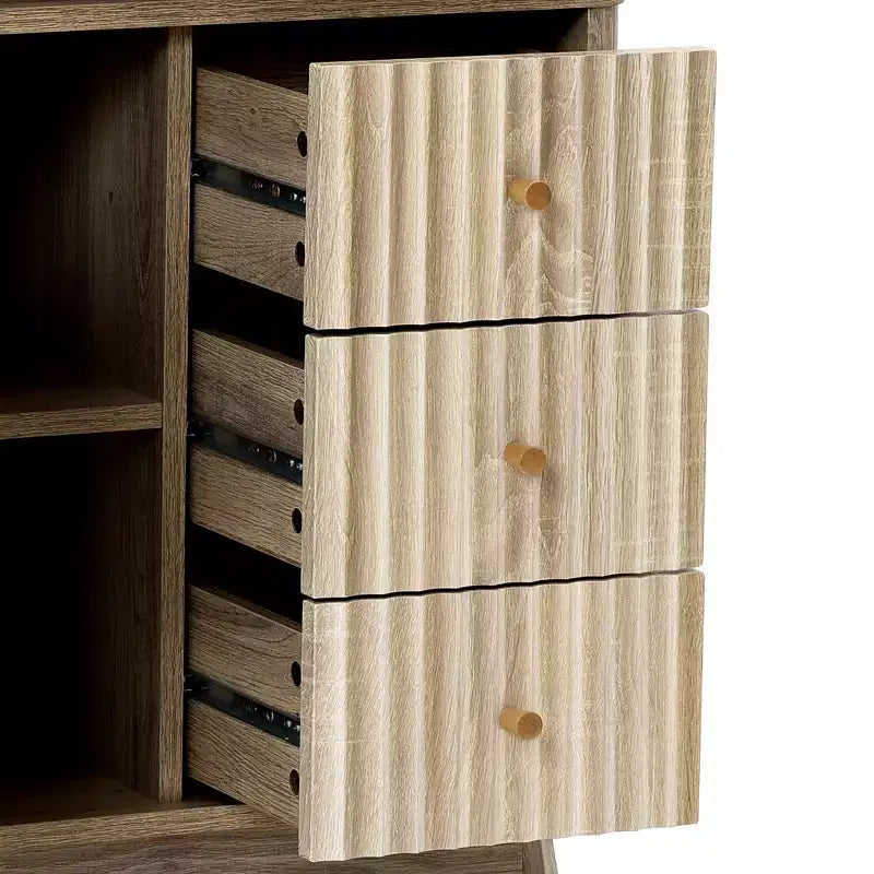 Luxenhome Meuble de rangement de salle de bain, Armoire d'appoint en bois avec finition naturelle moderne du milieu du siècle à motif ondulé cannelé, 3 tiroirs, 1 porte, marron, 31 po