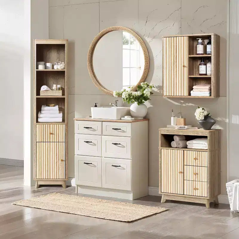 Luxenhome Meuble de rangement de salle de bain, Armoire d'appoint en bois avec finition naturelle moderne du milieu du siècle à motif ondulé cannelé, 3 tiroirs, 1 porte, marron, 31 po