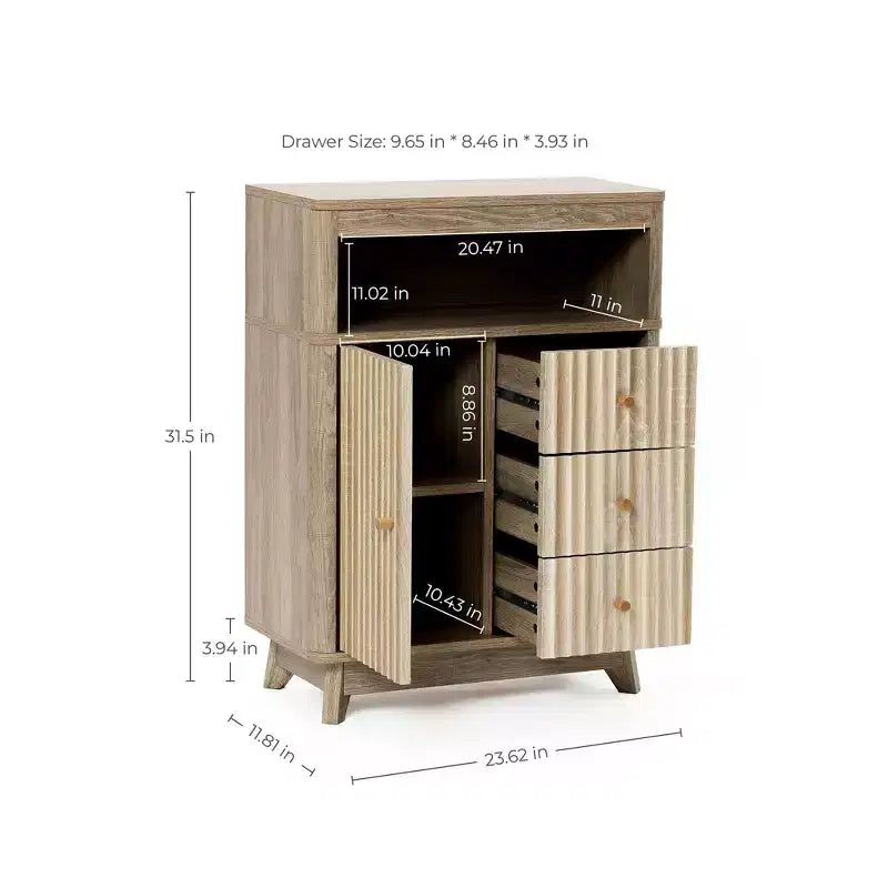 Luxenhome Meuble de rangement de salle de bain, Armoire d'appoint en bois avec finition naturelle moderne du milieu du siècle à motif ondulé cannelé, 3 tiroirs, 1 porte, marron, 31 po