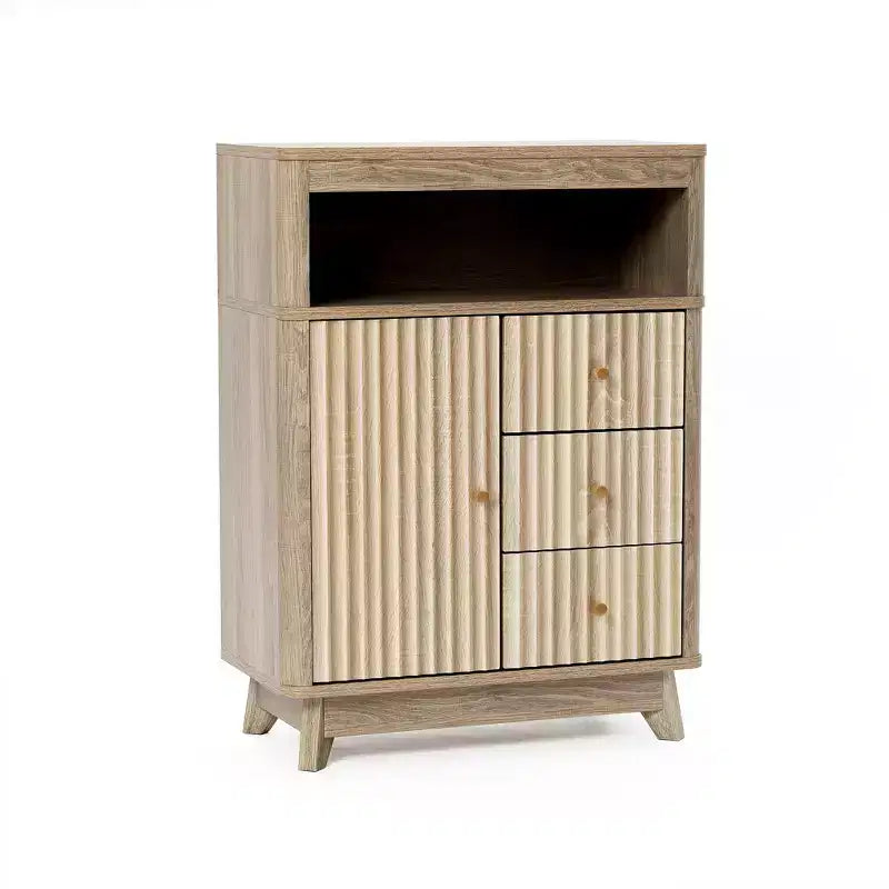Luxenhome Meuble de rangement de salle de bain, Armoire d'appoint en bois avec finition naturelle moderne du milieu du siècle à motif ondulé cannelé, 3 tiroirs, 1 porte, marron, 31 po