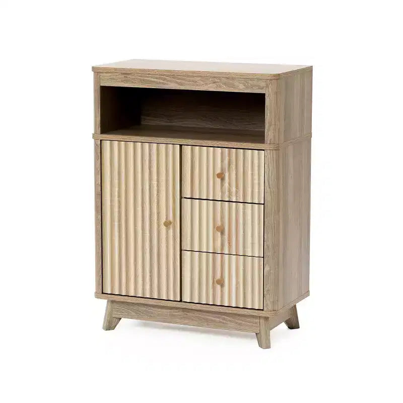 Luxenhome Meuble de rangement de salle de bain, Armoire d'appoint en bois avec finition naturelle moderne du milieu du siècle à motif ondulé cannelé, 3 tiroirs, 1 porte, marron, 31 po