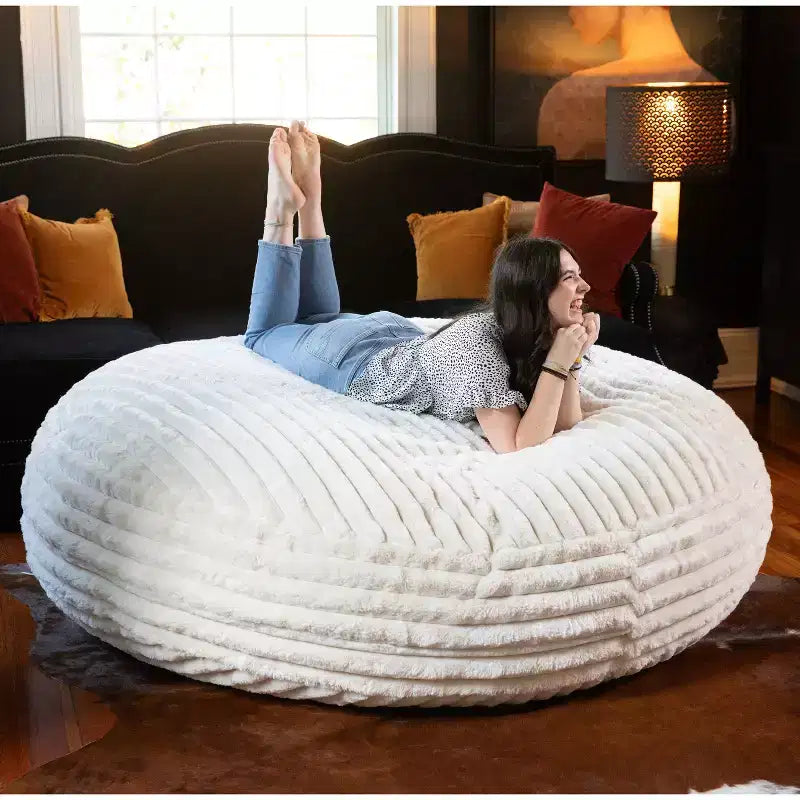 Pouf géant en fausse fourrure de 1,80 m — Noir / Gris / Ivoire / Bleu nuit, 1 personne