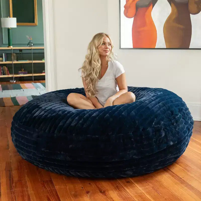 Pouf géant en fausse fourrure de 1,80 m — Noir / Gris / Ivoire / Bleu nuit, 1 personne