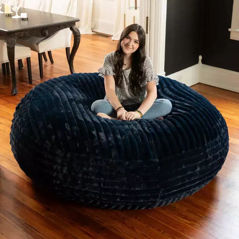 Pouf géant en fausse fourrure de 1,80 m — Noir / Gris / Ivoire / Bleu nuit, 1 personne
