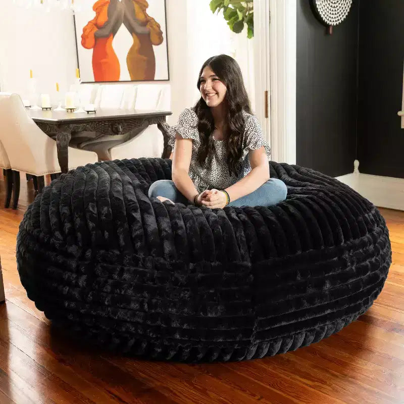 Pouf géant en fausse fourrure de 1,80 m — Noir / Gris / Ivoire / Bleu nuit, 1 personne