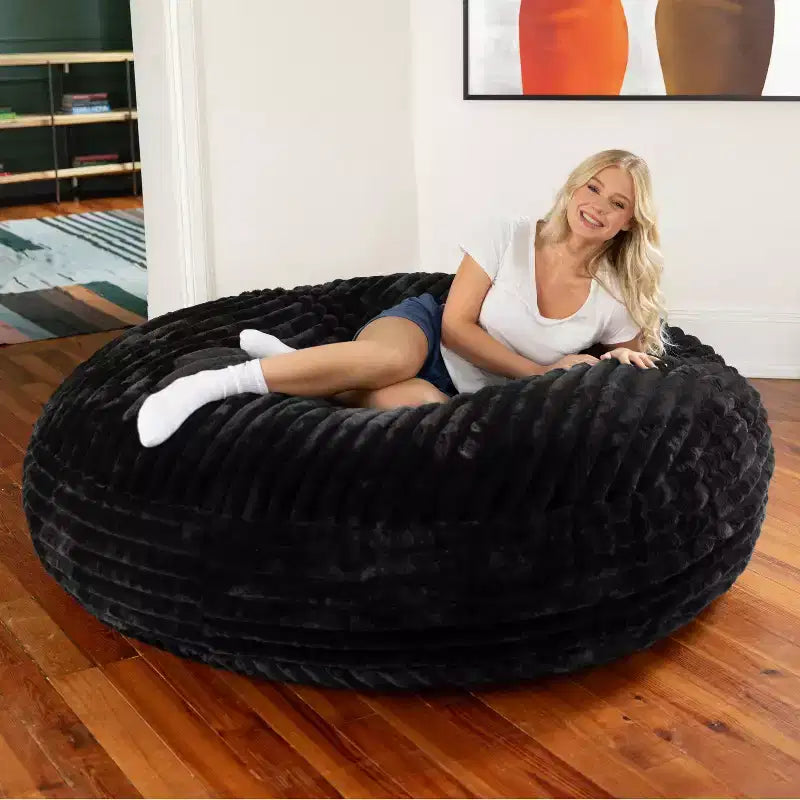 Pouf géant en fausse fourrure de 1,80 m — Noir / Gris / Ivoire / Bleu nuit, 1 personne
