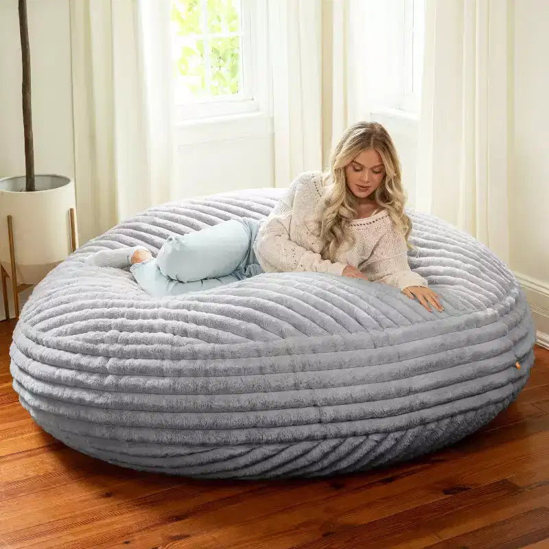 Pouf géant en fausse fourrure de 1,80 m — Noir / Gris / Ivoire / Bleu nuit, 1 personne