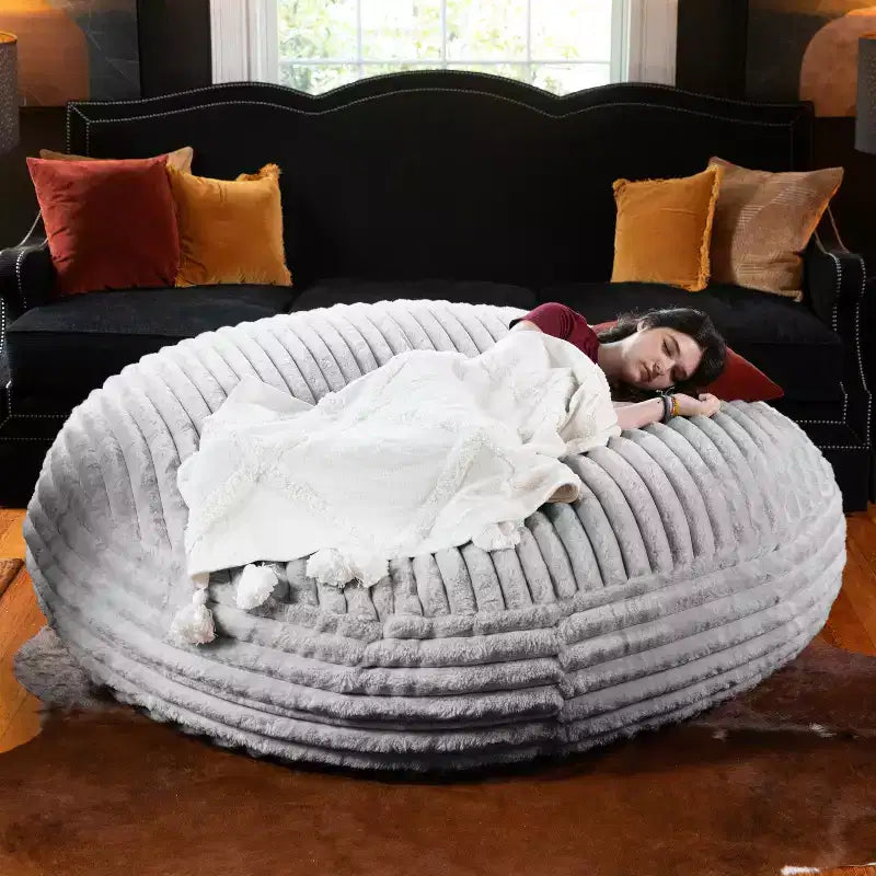 Pouf géant en fausse fourrure de 1,80 m — Noir / Gris / Ivoire / Bleu nuit, 1 personne