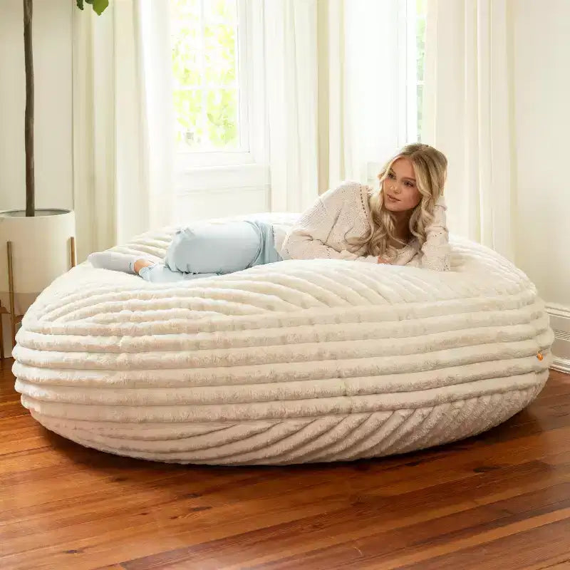Pouf géant en fausse fourrure de 1,80 m — Noir / Gris / Ivoire / Bleu nuit, 1 personne
