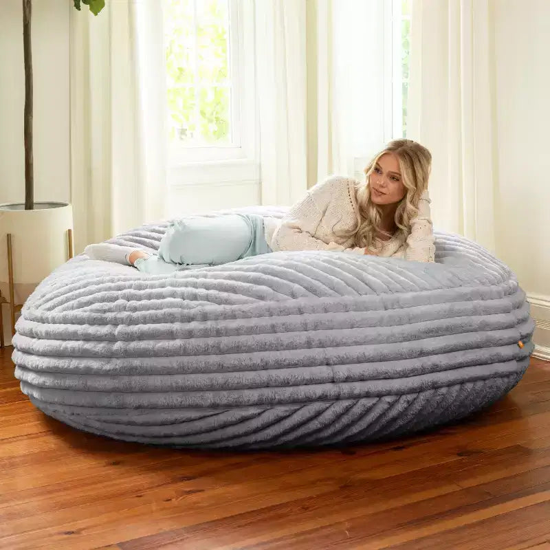 Pouf géant en fausse fourrure de 1,80 m — Noir / Gris / Ivoire / Bleu nuit, 1 personne