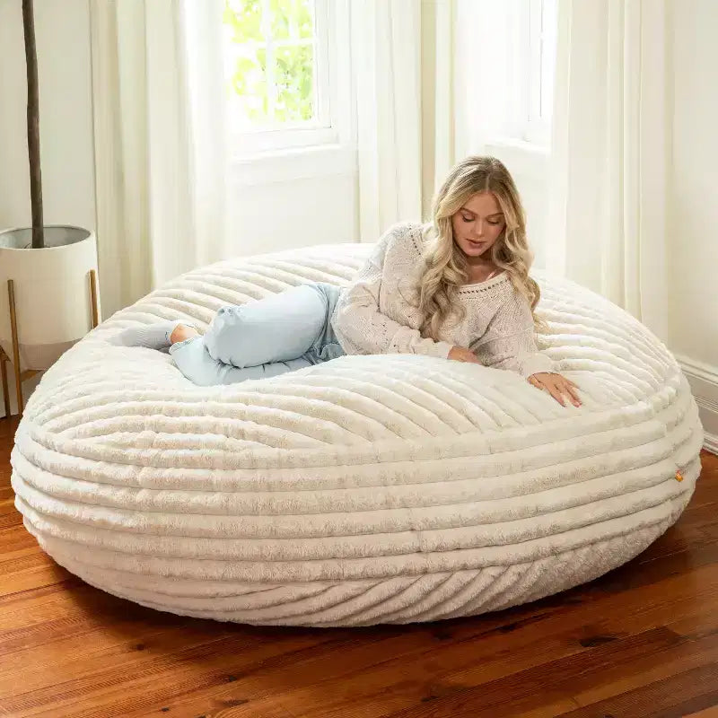 Pouf géant en fausse fourrure de 1,80 m — Noir / Gris / Ivoire / Bleu nuit, 1 personne
