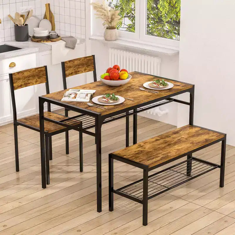 VECELO 43.3 in. Dining Table with Bench & 2 Chairs Set for 4, Modern Rectangular Metal Frame Kitchen Table for Small Space, Black/Brown