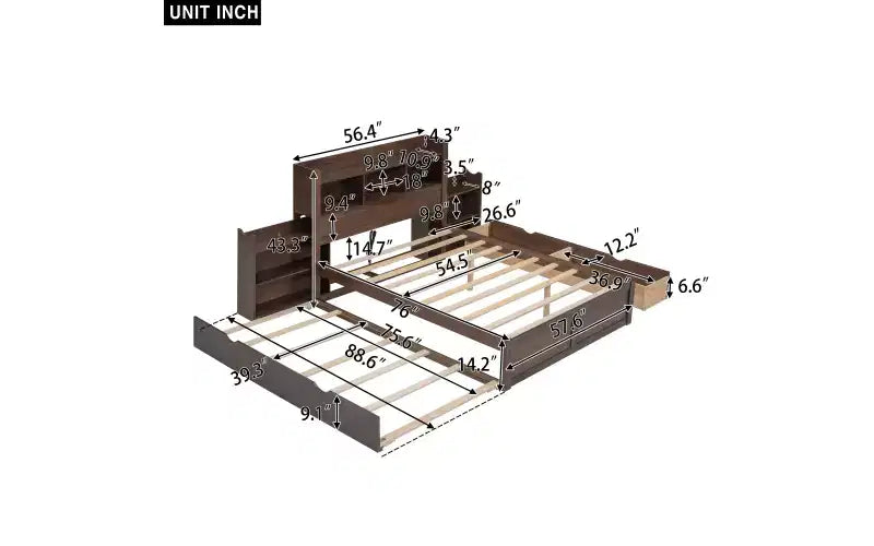 Lit plate-forme de rangement Whisen double avec lit gigogne simple, étagères coulissantes et 2 tiroirs