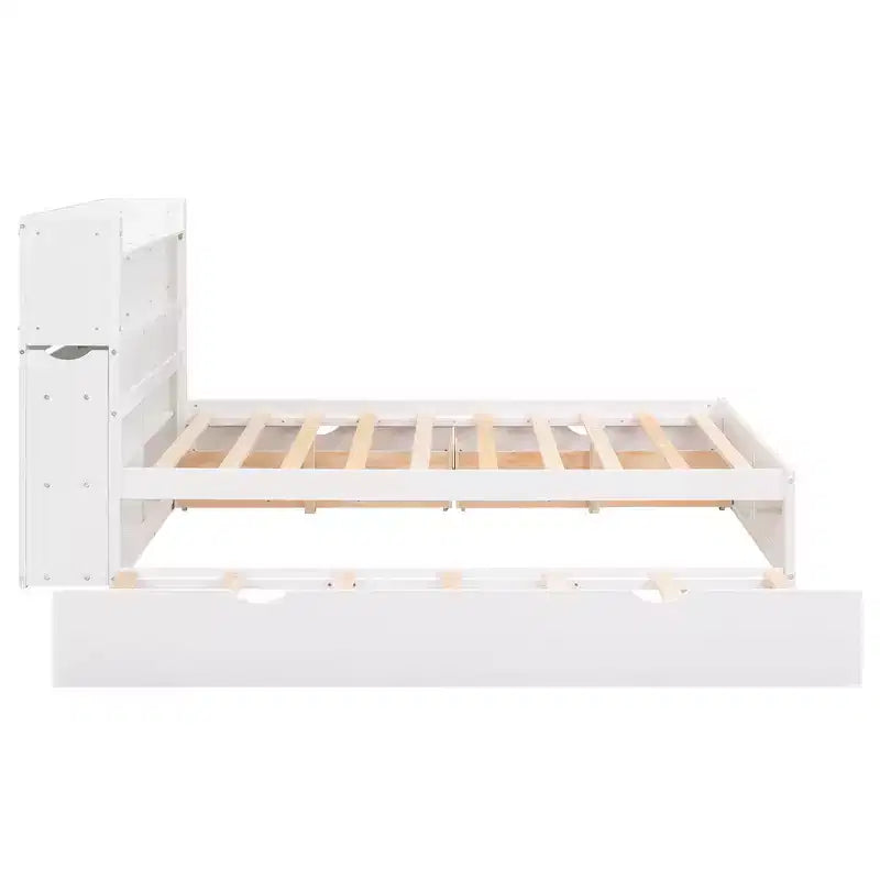 Lit plate-forme de rangement Whisen double avec lit gigogne simple, étagères coulissantes et 2 tiroirs