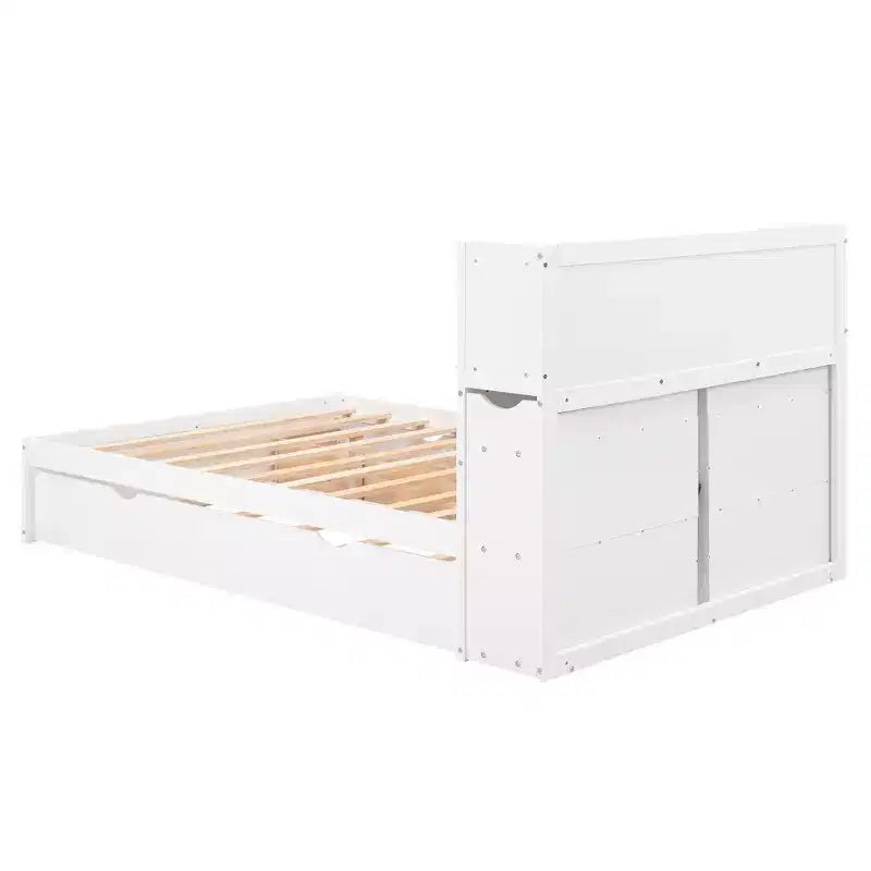 Lit plate-forme de rangement Whisen double avec lit gigogne simple, étagères coulissantes et 2 tiroirs