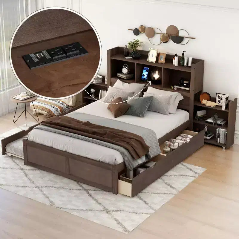 Lit plate-forme de rangement Whisen double avec lit gigogne simple, étagères coulissantes et 2 tiroirs