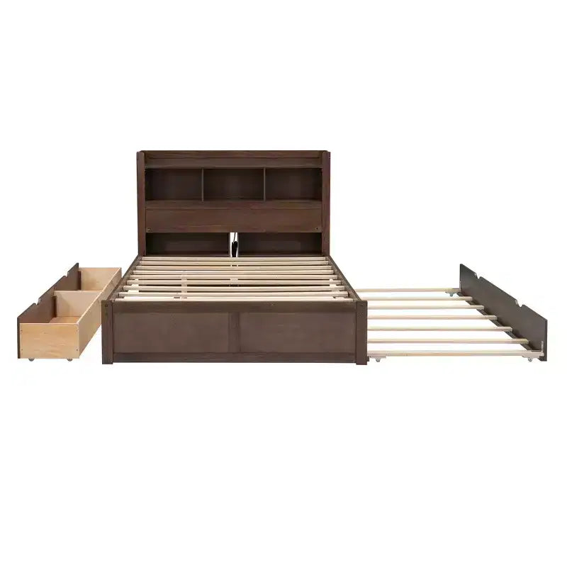 Lit plate-forme de rangement Whisen double avec lit gigogne simple, étagères coulissantes et 2 tiroirs