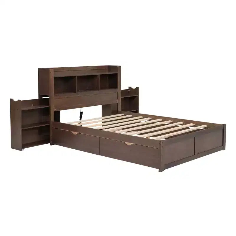Lit plate-forme de rangement Whisen double avec lit gigogne simple, étagères coulissantes et 2 tiroirs