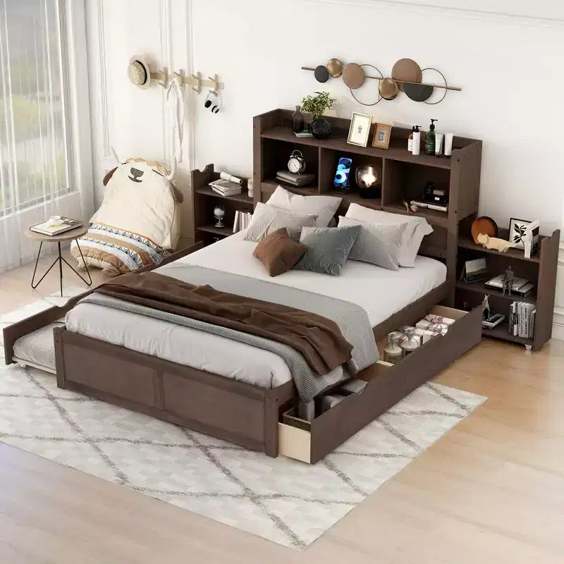 Whisen Full Size Storage Platform Bed with Twin Size Trundle, Pull Out Shelves and 2 Drawers