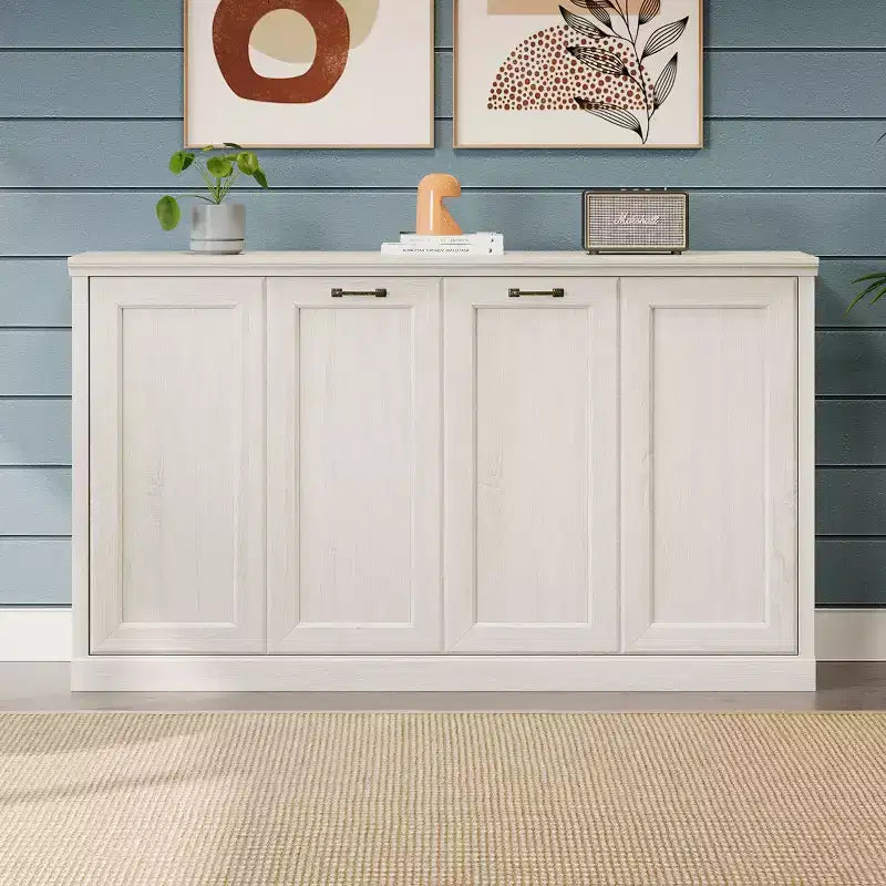 Lit escamotable rustique blanc avec armoire latérale – Lit simple, 1 personne