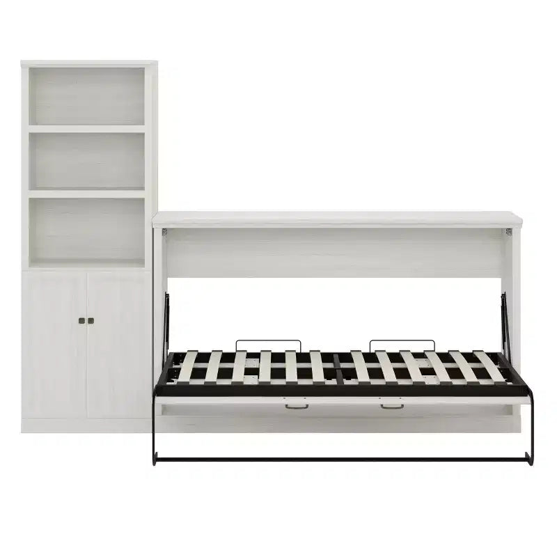 Lit escamotable rustique blanc avec armoire latérale – Lit simple, 1 personne