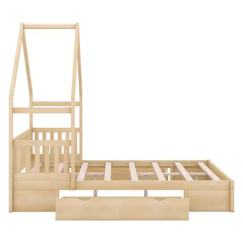 Lit plate-forme en bois Whisen, taille Queen, avec barrière de protection et 2 tiroirs