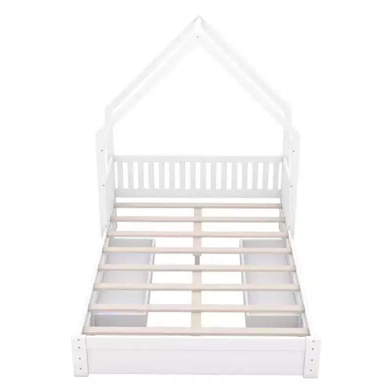 Lit plate-forme en bois Whisen, taille Queen, avec barrière de protection et 2 tiroirs
