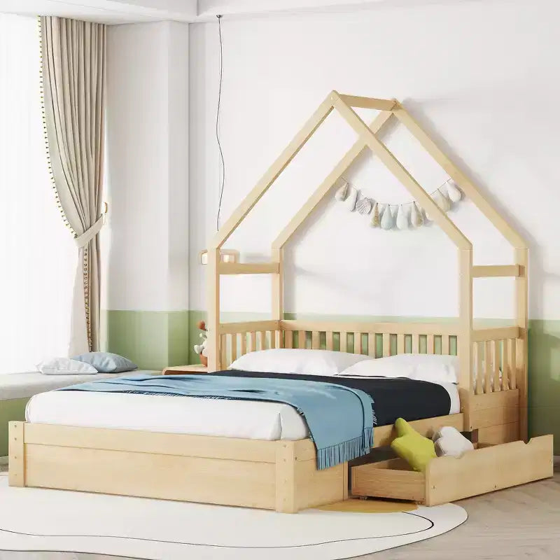 Lit plate-forme en bois Whisen, taille Queen, avec barrière de protection et 2 tiroirs