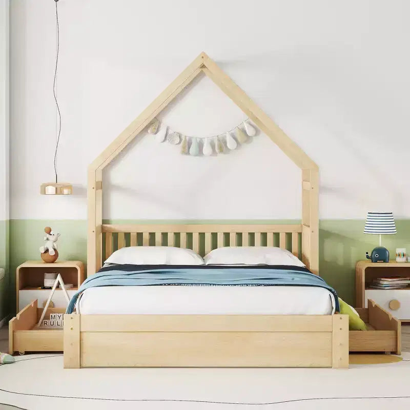Lit plate-forme en bois Whisen, taille Queen, avec barrière de protection et 2 tiroirs