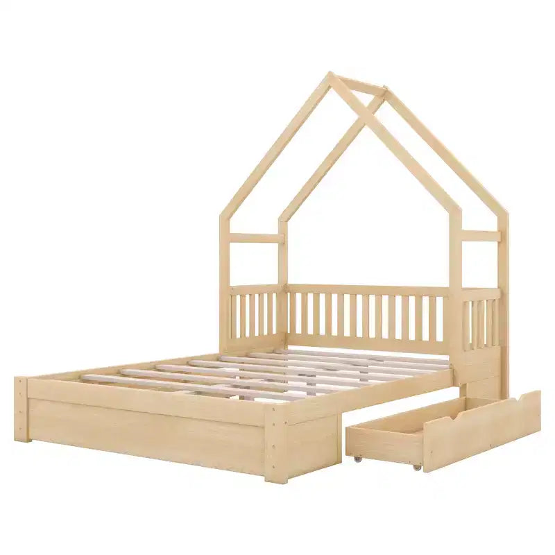Lit plate-forme en bois Whisen, taille Queen, avec barrière de protection et 2 tiroirs
