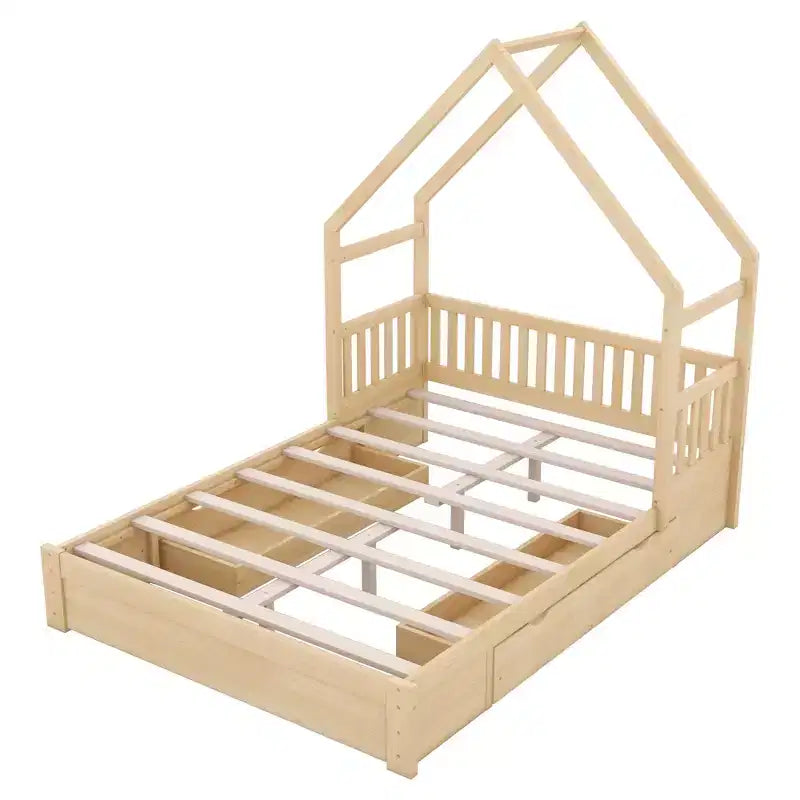 Lit plate-forme en bois Whisen, taille Queen, avec barrière de protection et 2 tiroirs