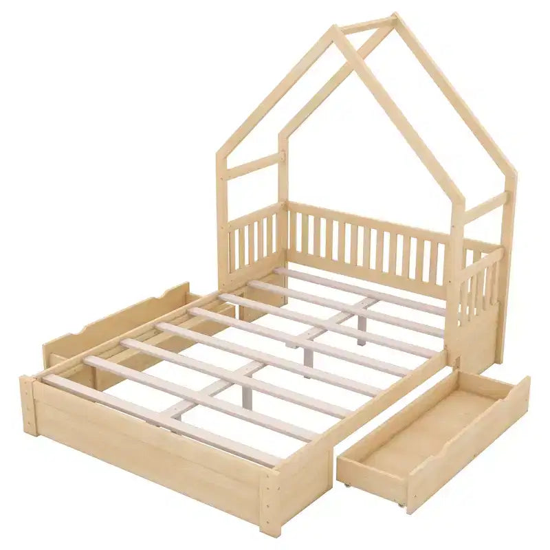 Lit plate-forme en bois Whisen, taille Queen, avec barrière de protection et 2 tiroirs