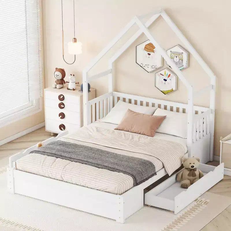 Whisen Queen Size Wood House Platform Bed with Guardrail and 2 Drawers