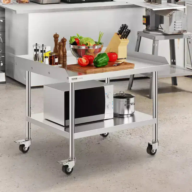 VEVOR Table de Travail en Acier Inoxydable, Table de Préparation Commerciale de 76x91x76 cm avec 4 Roues, Roulettes, Dosseret 3 Côtés, Table de Préparation Robuste
