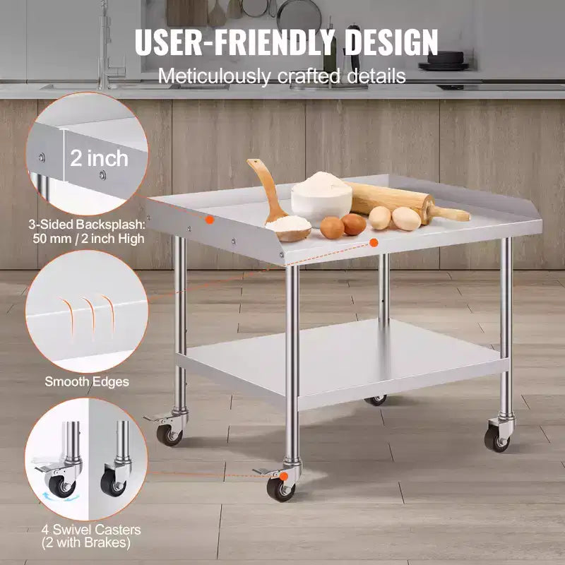 VEVOR Table de Travail en Acier Inoxydable, Table de Préparation Commerciale de 76x91x76 cm avec 4 Roues, Roulettes, Dosseret 3 Côtés, Table de Préparation Robuste