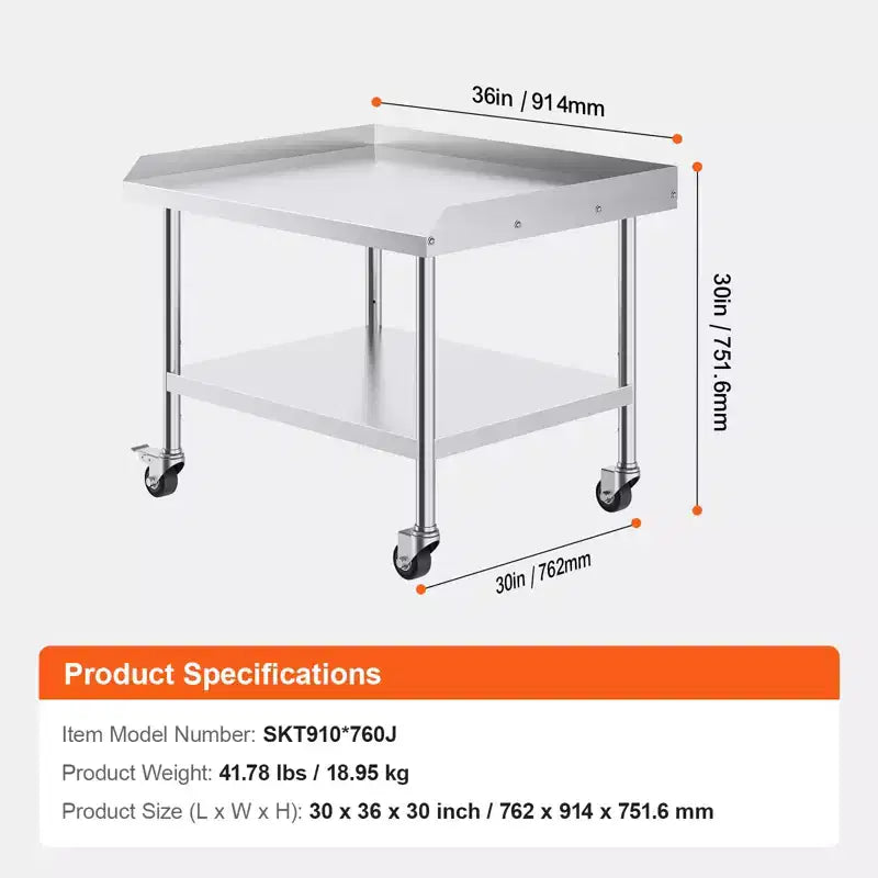 VEVOR Table de Travail en Acier Inoxydable, Table de Préparation Commerciale de 76x91x76 cm avec 4 Roues, Roulettes, Dosseret 3 Côtés, Table de Préparation Robuste