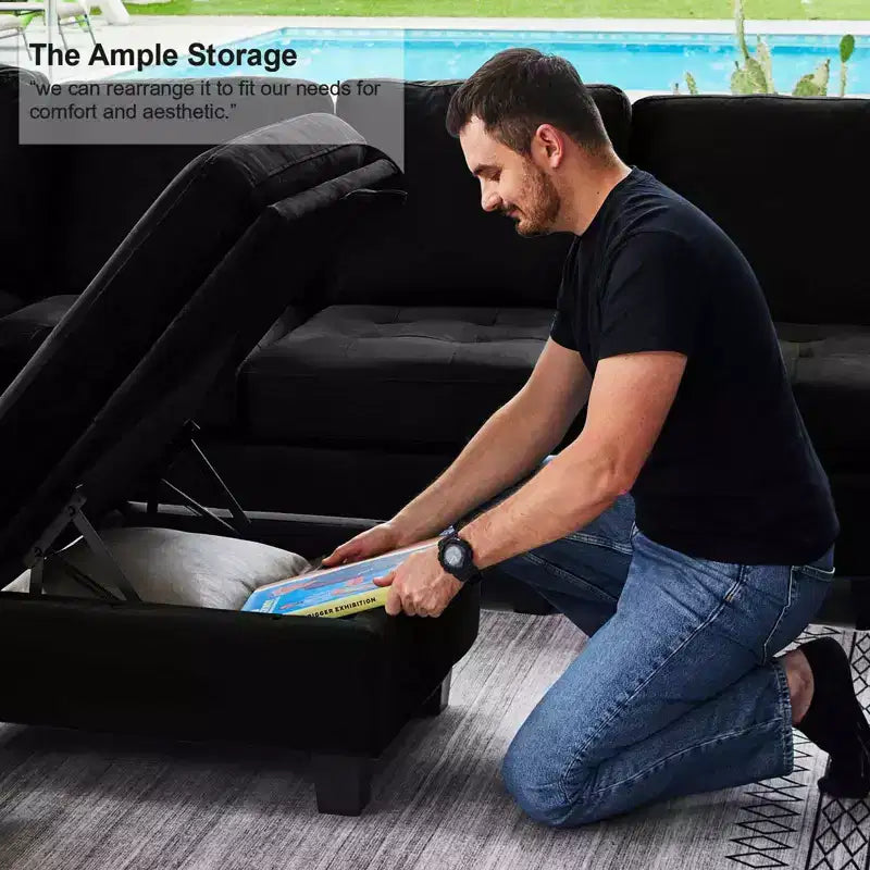 Canapé d'angle modulaire en velours capitonné — Noir / Bleu / Gris / Vert, 4 places