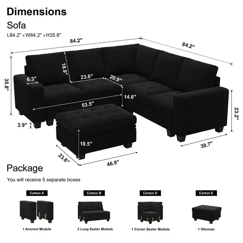 Canapé d'angle modulaire en velours capitonné — Noir / Bleu / Gris / Vert, 4 places
