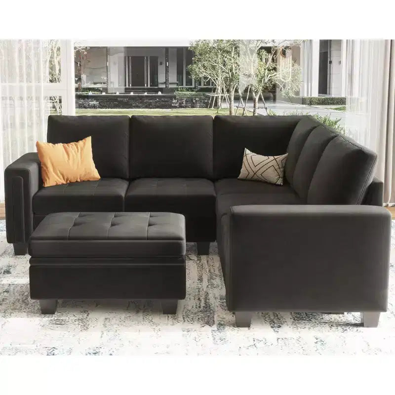Canapé d'angle modulaire en velours capitonné — Noir / Bleu / Gris / Vert, 4 places