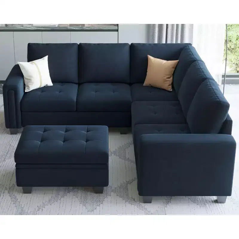 Canapé d'angle modulaire en velours capitonné — Noir / Bleu / Gris / Vert, 4 places